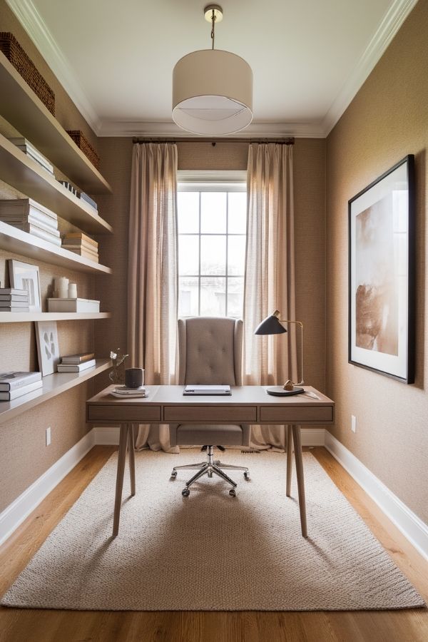 Feminine home office with pastel decor, cozy chair, floral accents, sunlight.