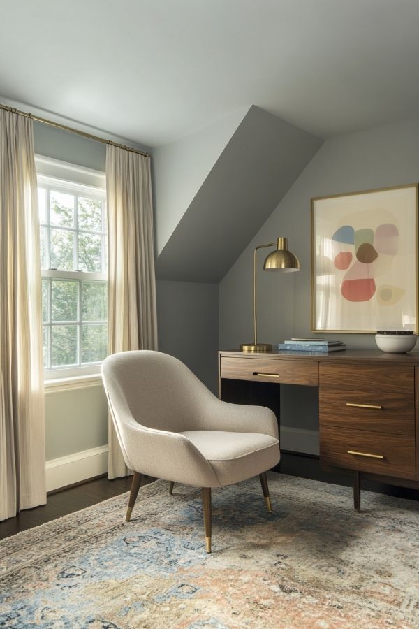 Feminine home office with pink decor, white desk, floral accents, cozy chair.