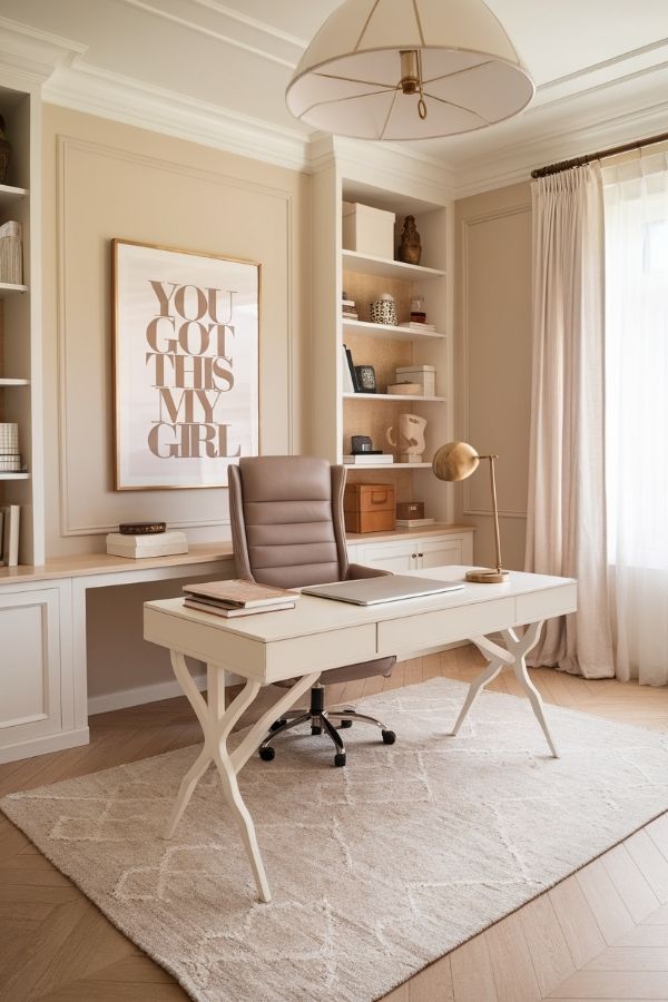 Feminine home office with pink accents, cozy chair, floral decor, bookshelf.