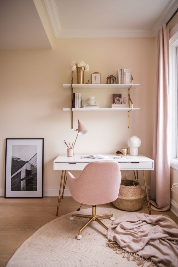 Feminine home office with pastel decor, floral accents, and cozy seating.