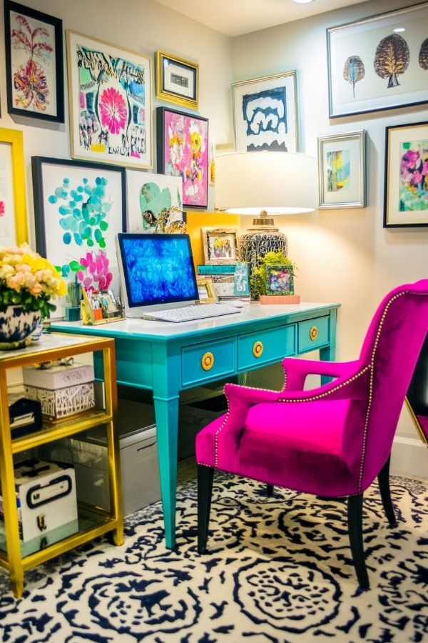 Feminine home office with pastel decor, floral accents, and elegant furnishings.