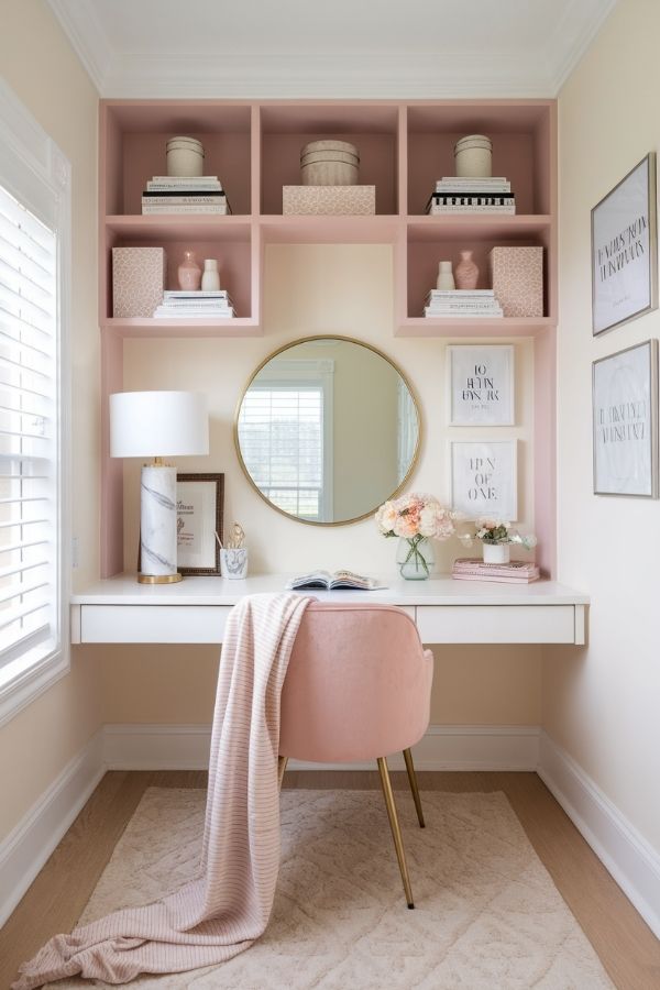 Feminine home office with pastel decor, cozy seating, floral accents.