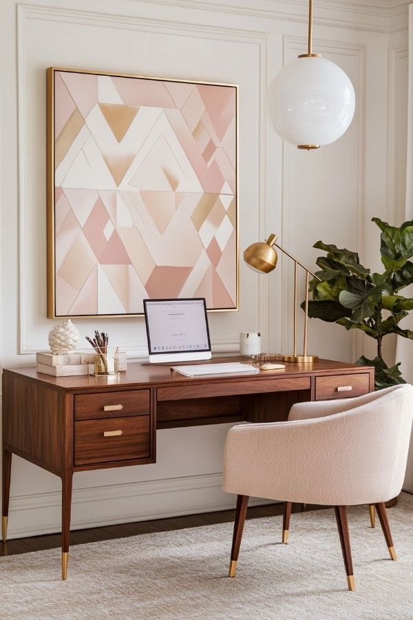 Feminine home office with pastel colors, floral decor, cozy seating area.