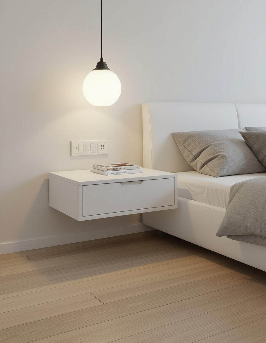 Minimalist white bedroom featuring wooden floating nightstand mounted on clean wall above light hardwood floors