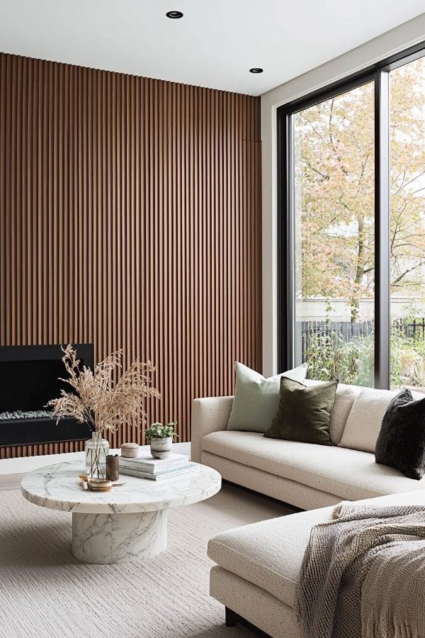 Warm cozy living room with wooden panels and soft lighting.