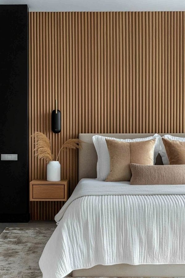 Cozy modern bedroom featuring a warm, fluted wood accent wall.