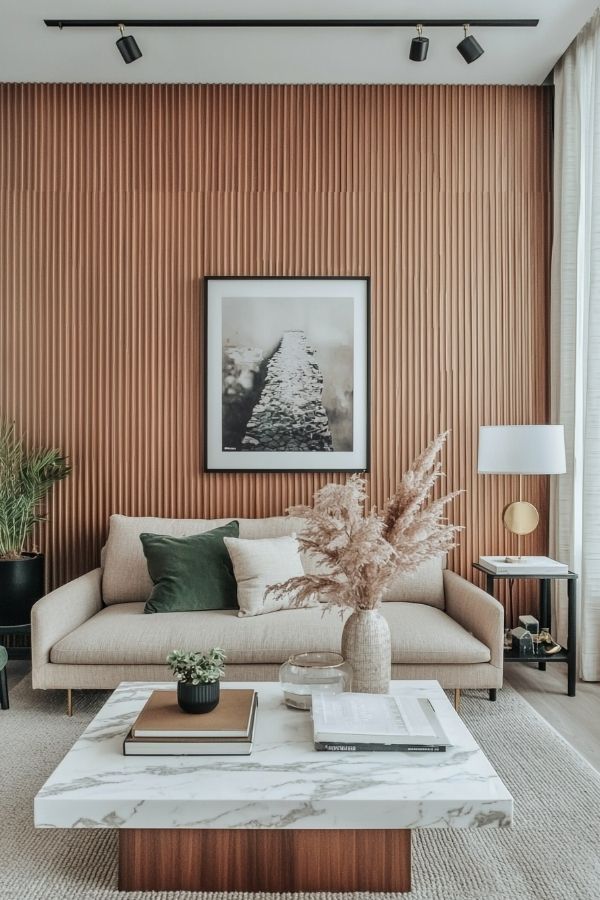 Modern living room featuring fluted wall, stylish furniture, and soft lighting.