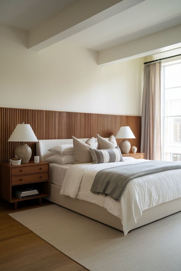 Neutral bedroom featuring a wooden fluted wall and minimalist decor.