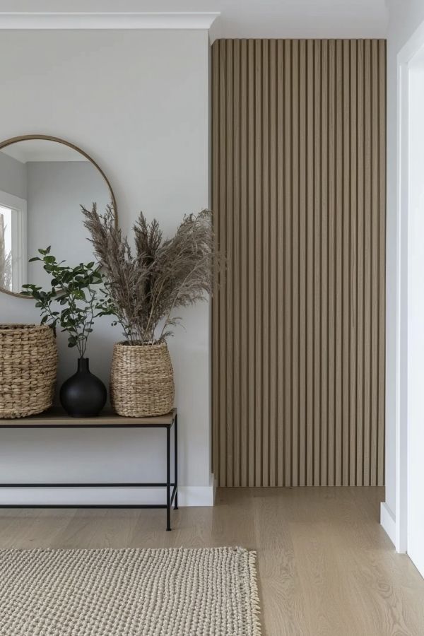 Natural entryway featuring a wooden fluted wall with warm tones.