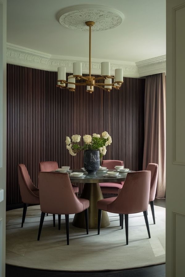 Luxurious dining room featuring elegant wood panels and sophisticated decor.