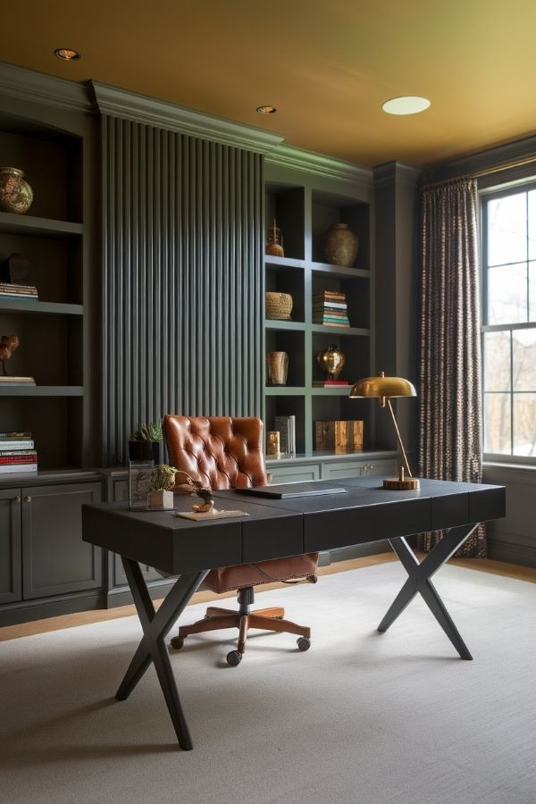 Elegant office with dark fluted wall, vintage furniture, soft lighting.