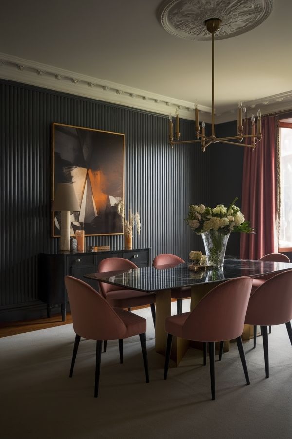 Elegant dining room featuring black wall panels and sophisticated decor.