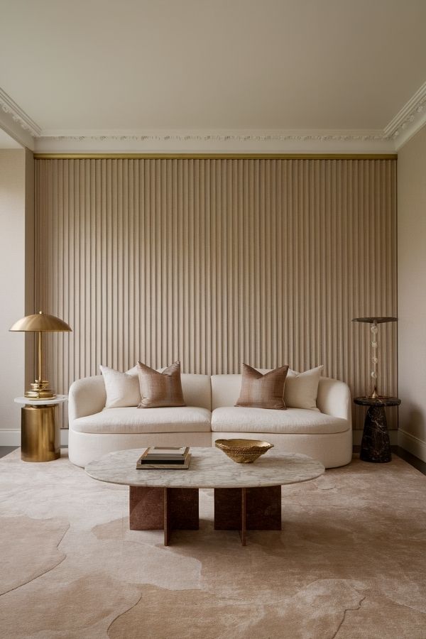 Cozy living room featuring beige fluting, plush seating, and decor.