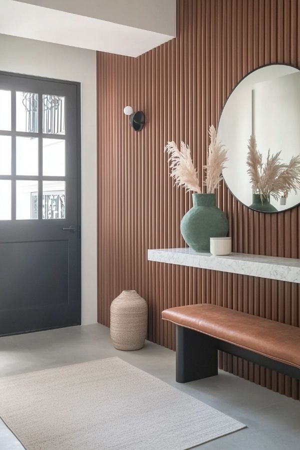 Stylish entryway featuring elegant fluted wall decor and minimalist design.