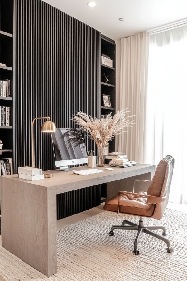 Modern home office featuring a sleek, black fluted accent wall.