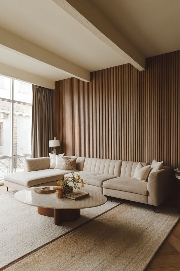 Warm living room with cozy seating, wooden fluting, and ambient lighting.