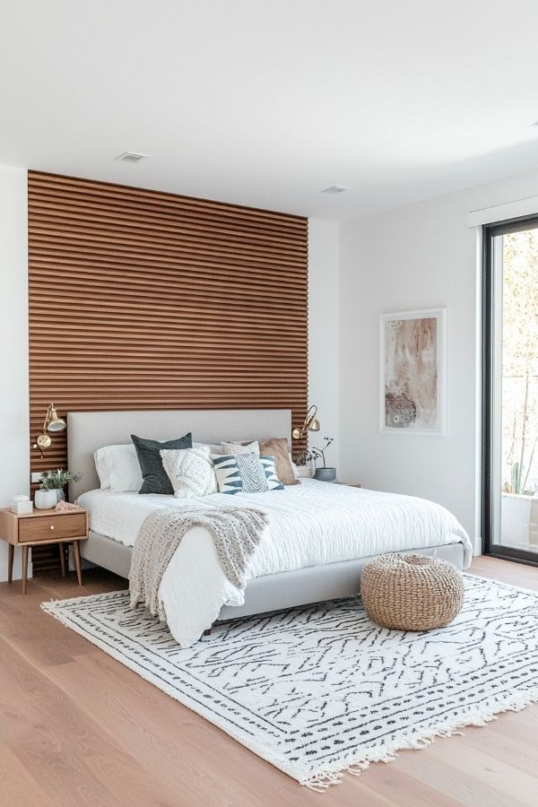 Cozy bedroom featuring wood fluted headboard, soft bedding, and lamps.