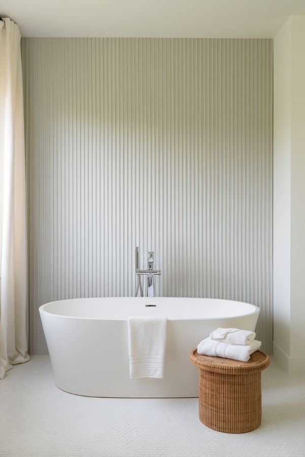 Minimalist bathroom featuring white fluted panels, soft lighting, and plants.