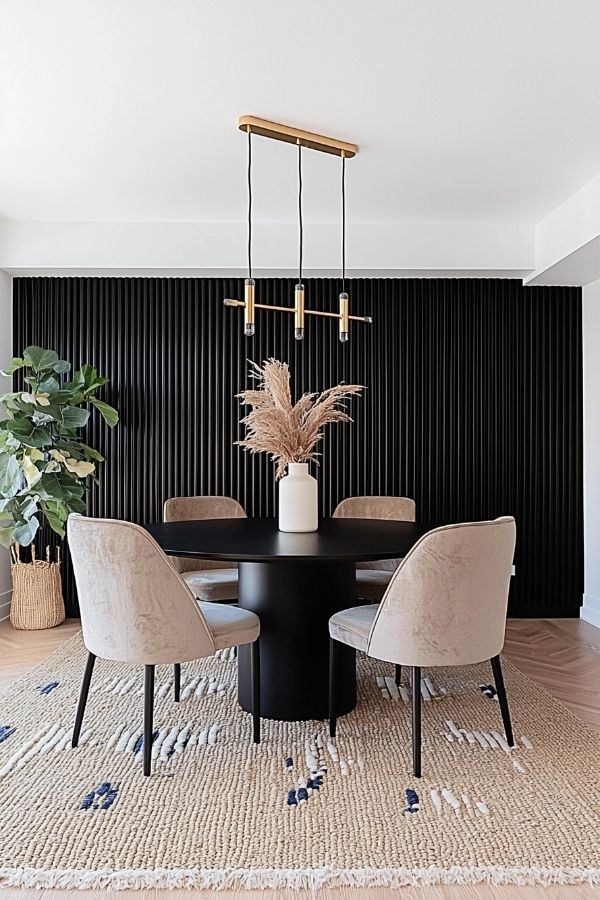 Elegant dining area with black panels, wooden table, and chairs.