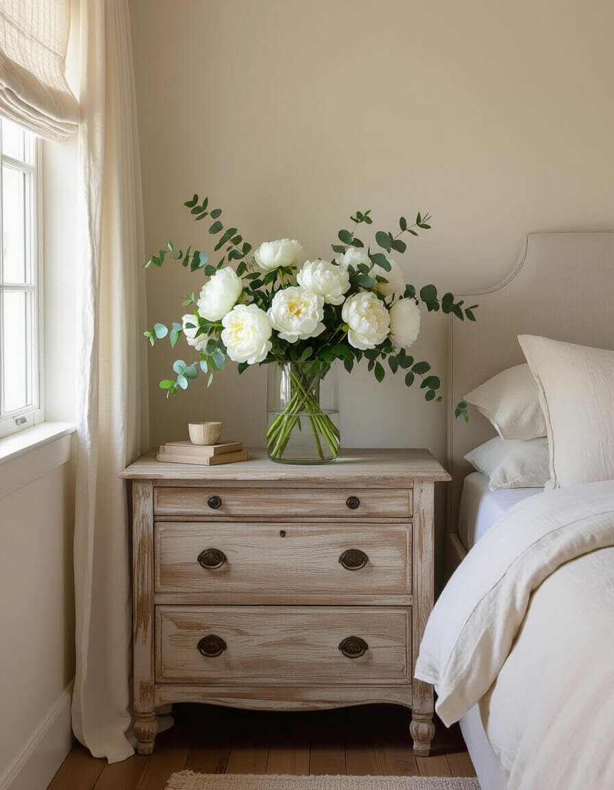 White peonies and eucalyptus arrangement on weathered wood dresser creating romantic bedroom ambiance with natural linen bedding