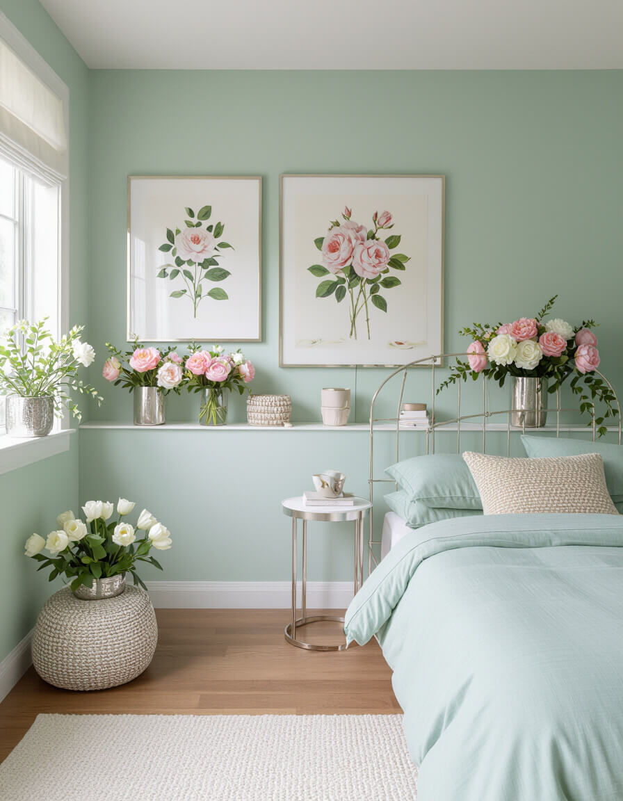 Fresh flower arrangements on nightstand and dresser in mint green bedroom with silver accents creating romantic atmosphere