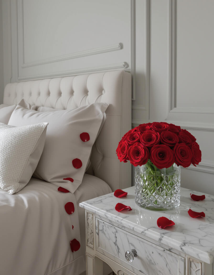 Fresh rose petals scattered on white bedding with gray walls and marble nightstand featuring crystal vase romantic bedroom decor