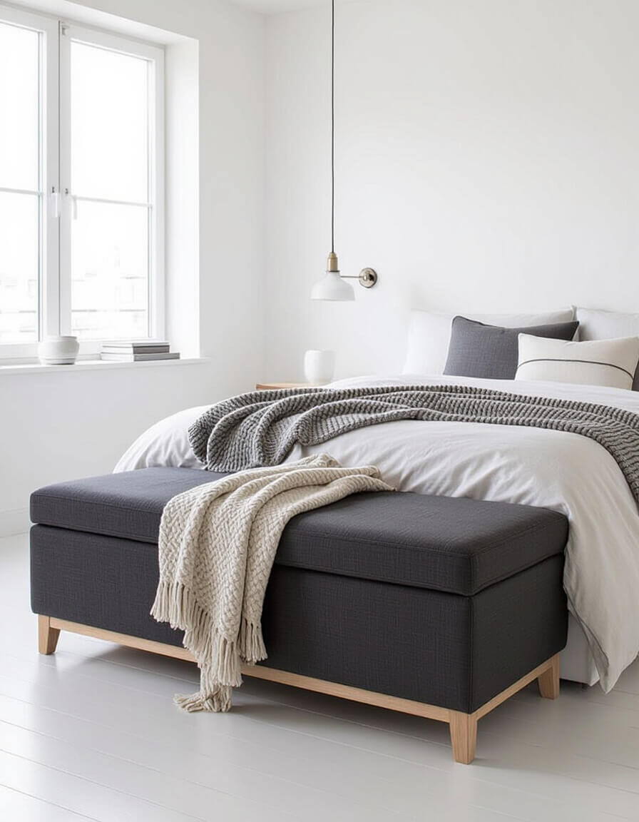 Charcoal linen bench with hidden storage sits at foot of bed in clean white minimalist bedroom showcasing functional furniture design