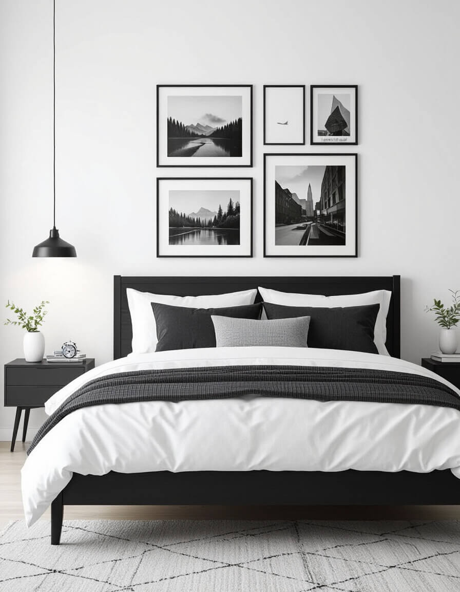 Gallery wall art display featuring mixed black and white frames above modern black bed frame in minimalist monochrome bedroom design