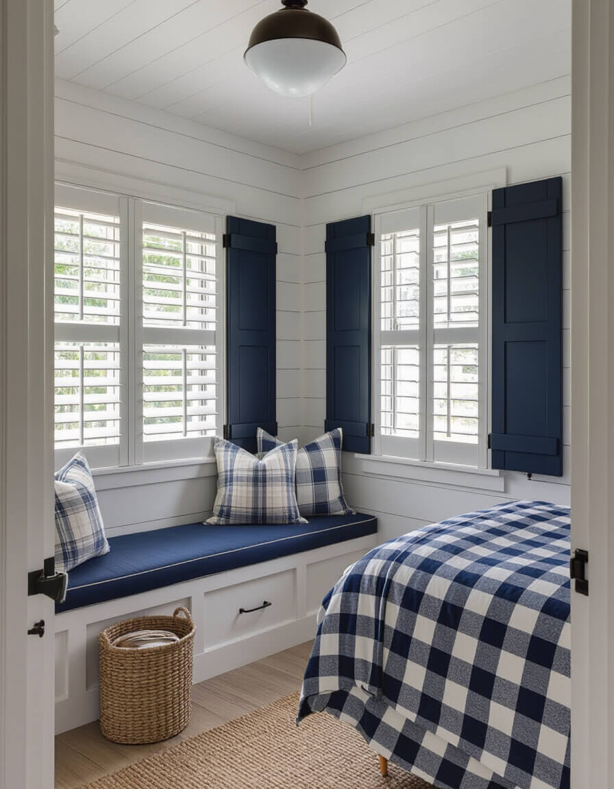 Galvanized metal storage bins displayed in cozy farmhouse bedroom with white shiplap walls and navy cushioned window seat