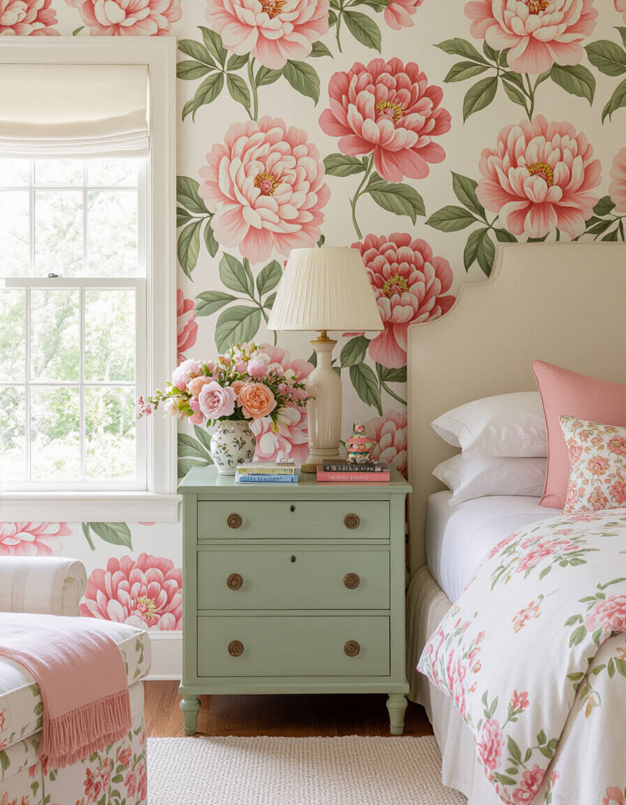 Garden party floral bedroom with peony wallpaper in blush pink coral, sage nightstand, cream bedding colorful design ideas