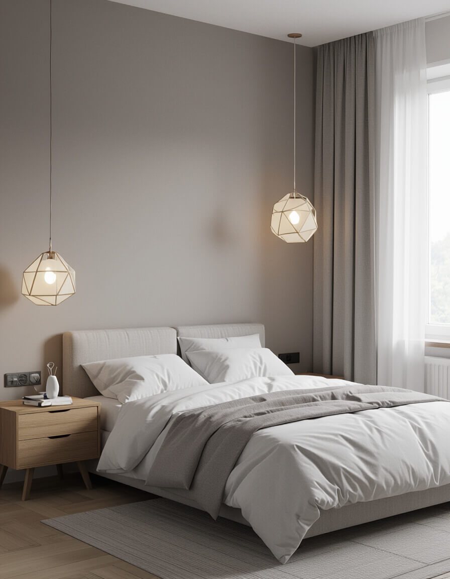 Geometric pendant light fixture with angular black metal frame hanging above minimalist bedroom with gray walls and white bedding