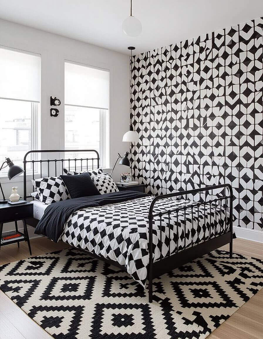 Black and white bedroom featuring mixed geometric patterns including striped bedding, chevron pillows, and diamond rug with black metal bed frame