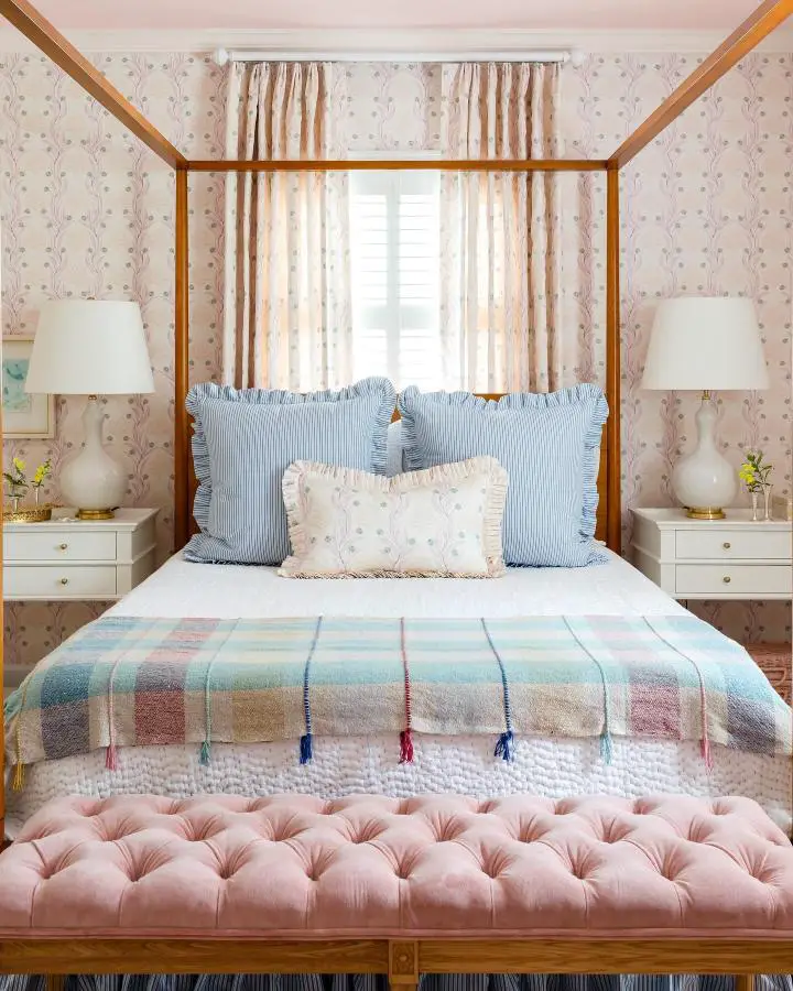 Blush pink tufted velvet bench from @laceysombar showcasing girly bedroom ideas for women with elegant seating