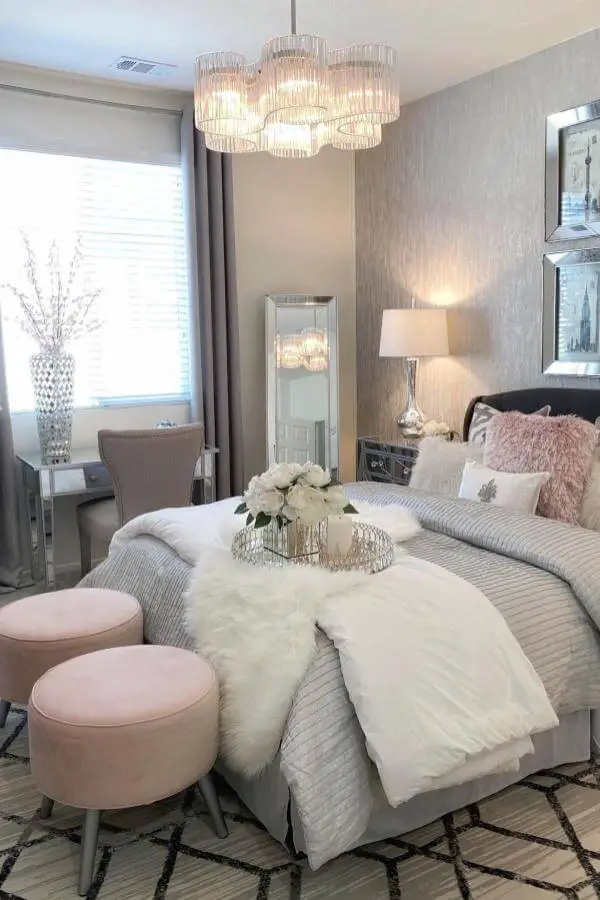 Sophisticated bedroom featuring layered textures from @designsbyjeana with faux fur throws and velvet accents.