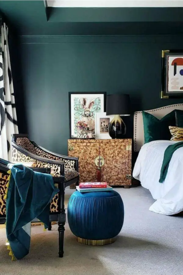 Rich teal bedroom from @bellybaila featuring bold jewel-toned walls and luxurious glam bedroom decor styling throughout.