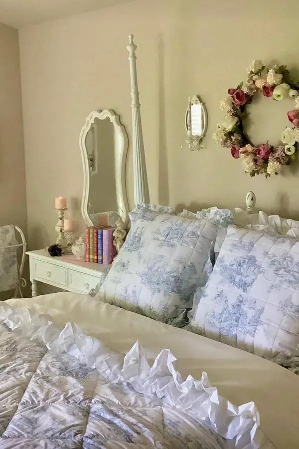 Cream bedroom from @missjanice_14 featuring dried floral wreath showcasing grandmacore aesthetic decor style.