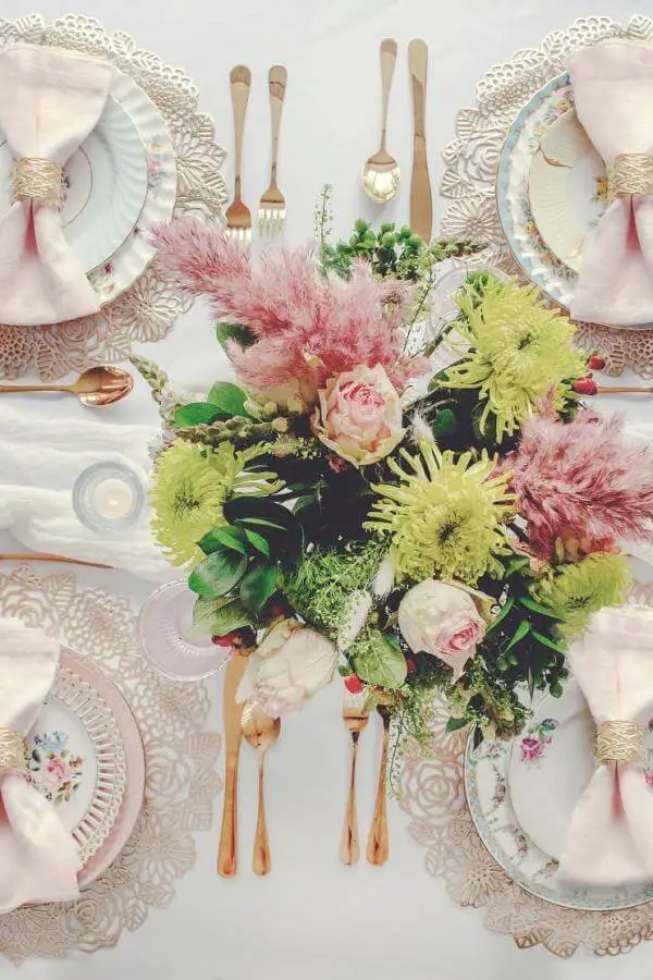 Elegant floral china tablescape from @spoon.and.salt featuring mixed vintage patterns perfect for grandmacore aesthetic decor styling inspiration.