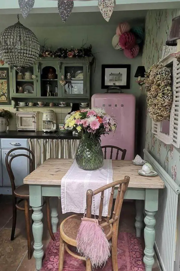 Pastel pink Smeg refrigerator from @claire_in_thecottage on @cosyaestheticscorner. Perfect example of grandmacore kitchen ideas with vintage charm.