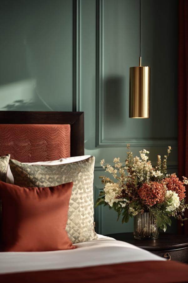 Glam gold pendant lighting in green and terracotta bedroom steals the scene with warm, elegant glow.