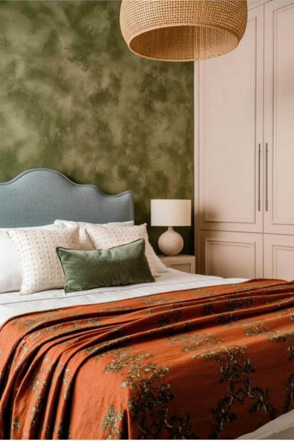 Textured green accent wall in bedroom from green and terracotta bedroom ideas adding warmth and style.