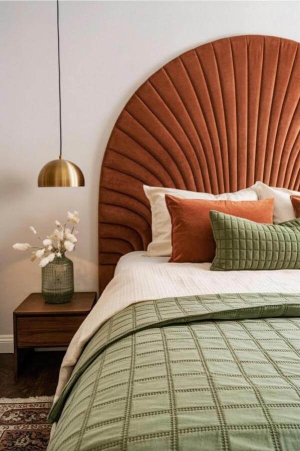 Terracotta oversized headboard steals the spotlight in stylish green and terracotta bedroom ideas for bold warmth.
