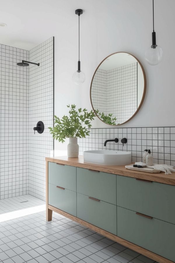 Modern green bathroom, elegant round mirror, lush accents, green bathroom ideas.