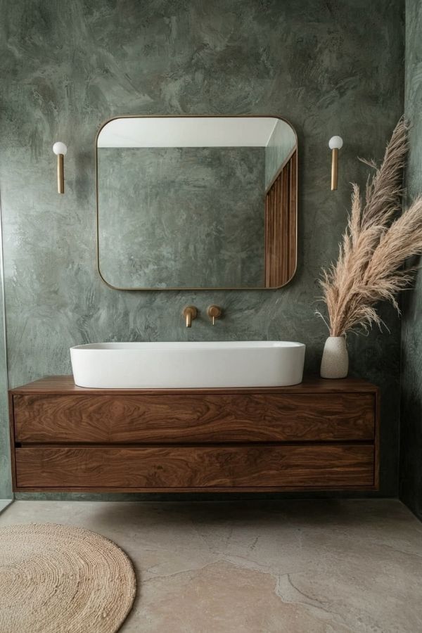 Green bathroom with sleek wooden vanity showcasing modern green bathroom ideas.