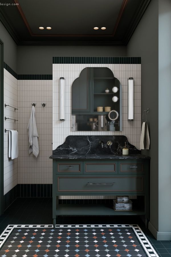 Green bathroom oasis with marble-like vanity, inspiring green bathroom ideas.