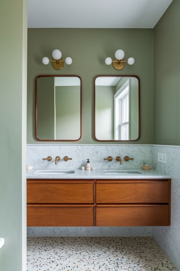 Sage green bathroom with wooden vanity; explore these green bathroom ideas.