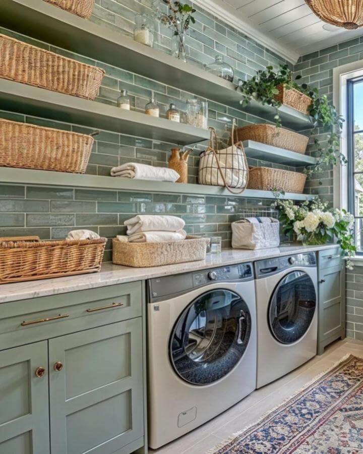 Soft sage cabinetry and subway tile with wicker baskets in a green laundry room ideas design by @decorilla. Natural accents create warmth and order.