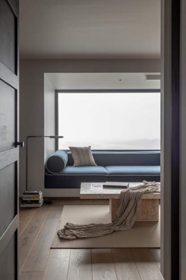 Contemporary window seating area with built-in bench and natural wood coffee table in modern home.