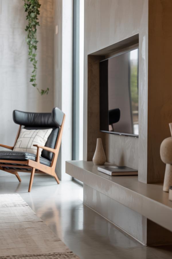 Modern floating console with concrete finish in minimalist living space. Features wall-mounted TV and carefully curated decor accessories.