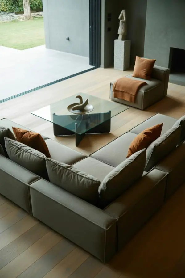 Modern glass coffee table centerpiece with grey sectional sofa and warm orange accent pillows.