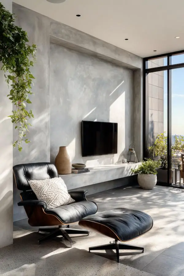 Textured concrete accent wall from modern living space. Built-in floating shelf holds TV and minimal decor accessories.